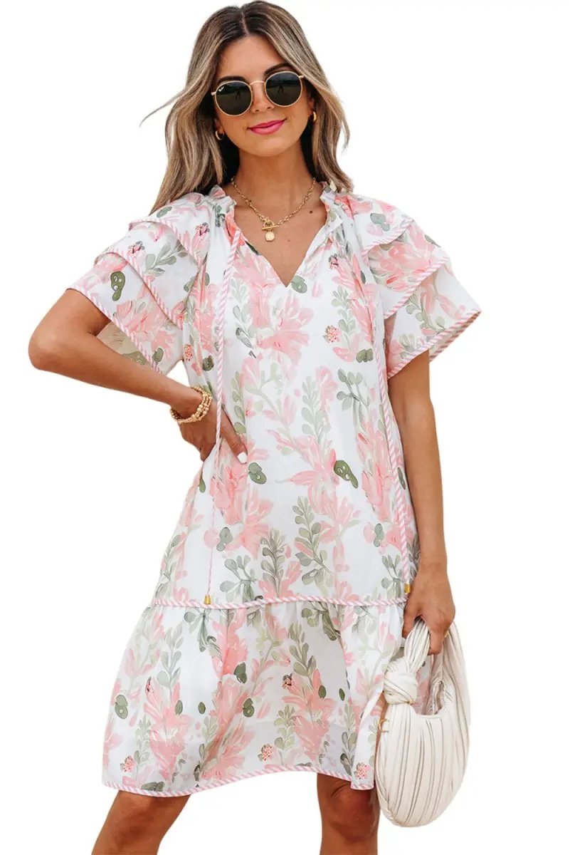 Pink Floral Contrast Edge Layered Short Sleeve Mini Dress - Love Salve